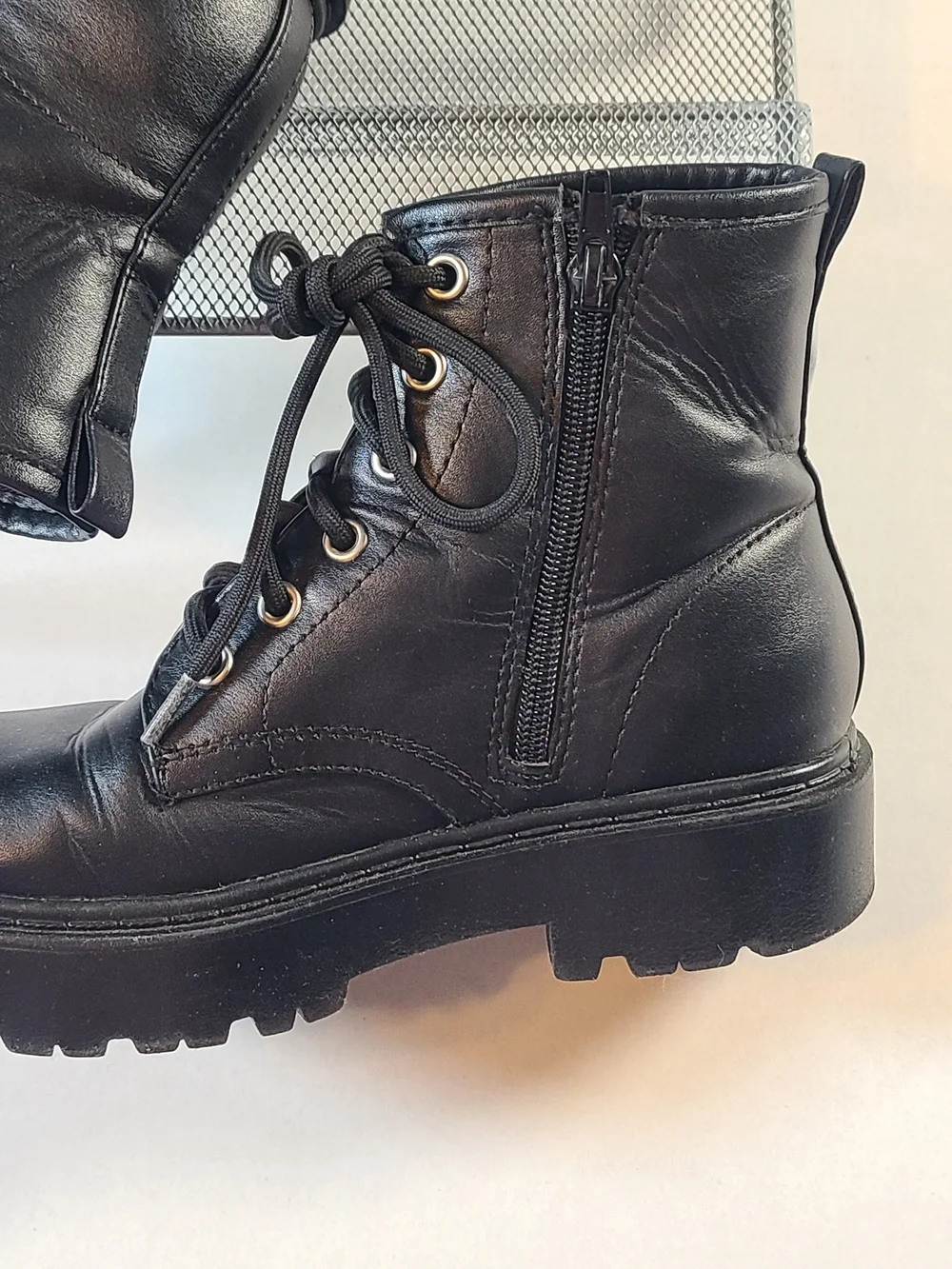 Kids Black Lace-Up Ankle Boots with Side Zipper